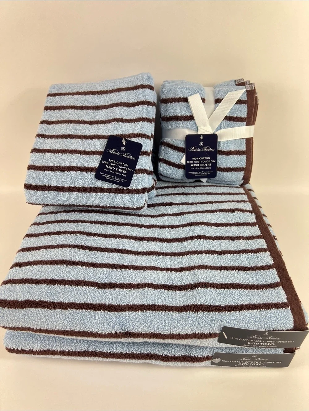 Brooks Brothers Bath Towel Set Blue Brown Stripe Soft Zero Twist Cotton 8 Pc NEW